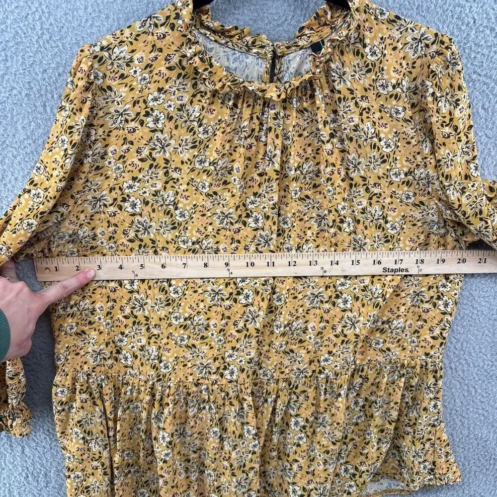 Nobody’s Child Mustard Floral Ruffle Mock Neck Peplum Blouse Long Sleeve Size 10